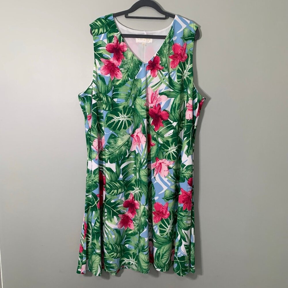 NWOT Pappagallo Tropical Floral Shift Dress Women 3X V-Neck Sleeveless